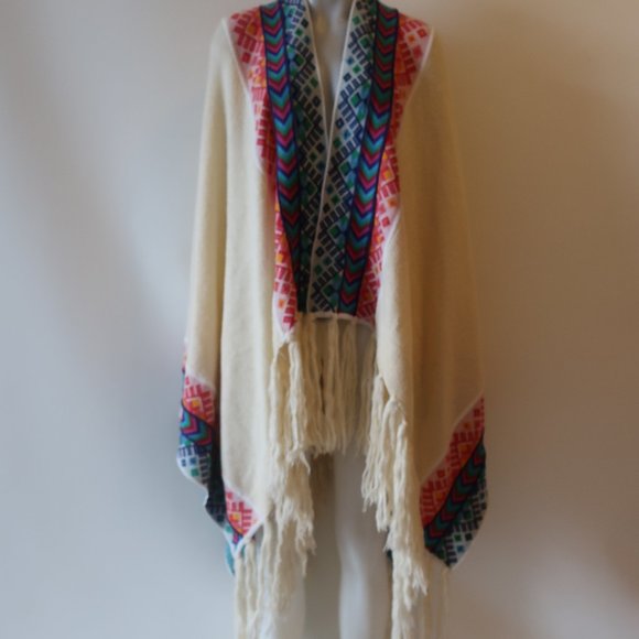 WOMENS JEN'S PIRATE BOOTY CRAM MULTICOLOR FRINGED WRAP PONCHO SHAWL OS * - Picture 2 of 13
